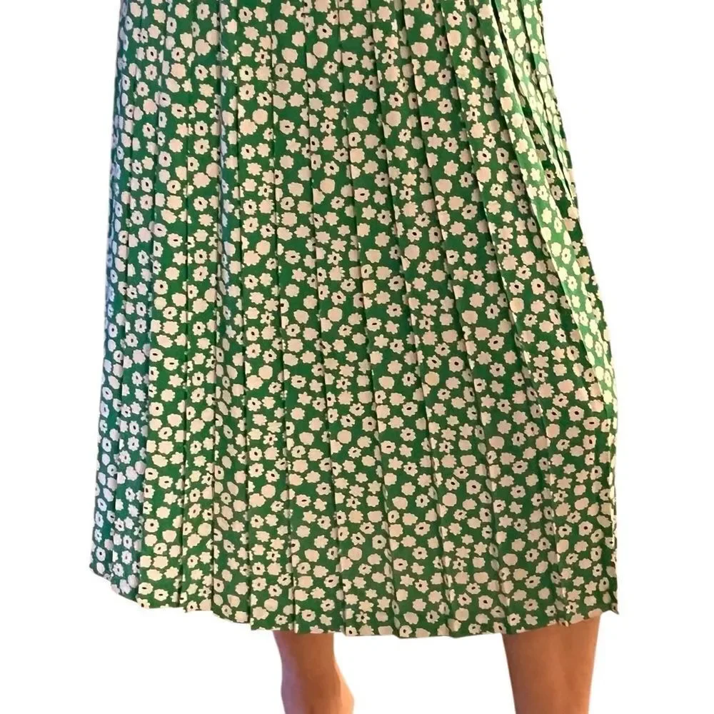 Vtg 90s Andrea Gayle Green Pleated Black White Floral Maxi Skirt 14.5” 12 M L